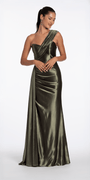 Camille La Vie Stretch Satin One Shoulder Column Dress with Cascade missy / 2 / olive