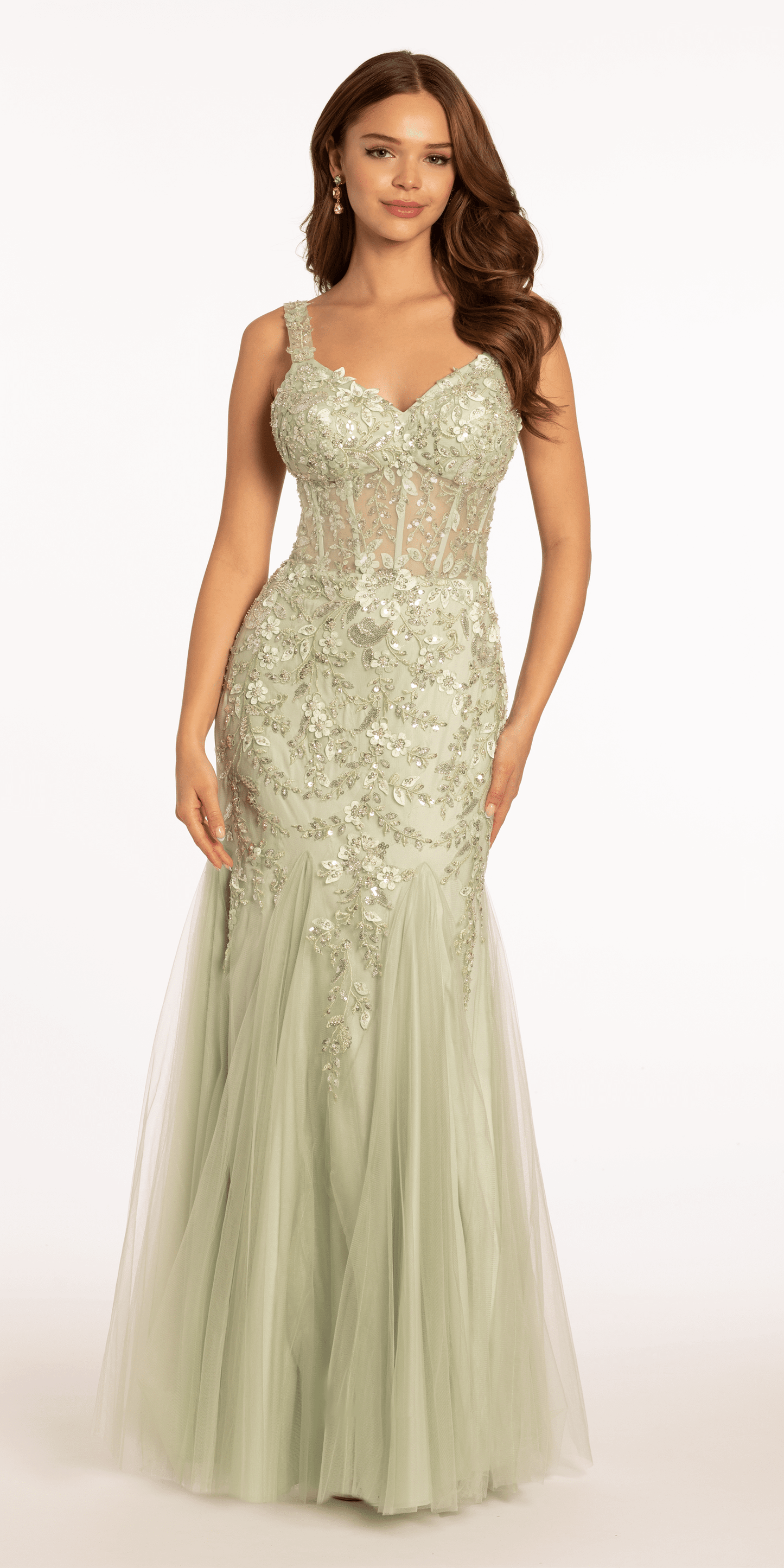 Camille La Vie /Sweetheart 3 D Floral Corset Mermaid Dress with Mesh Godets /missy/ size/ 6 /sage/alt