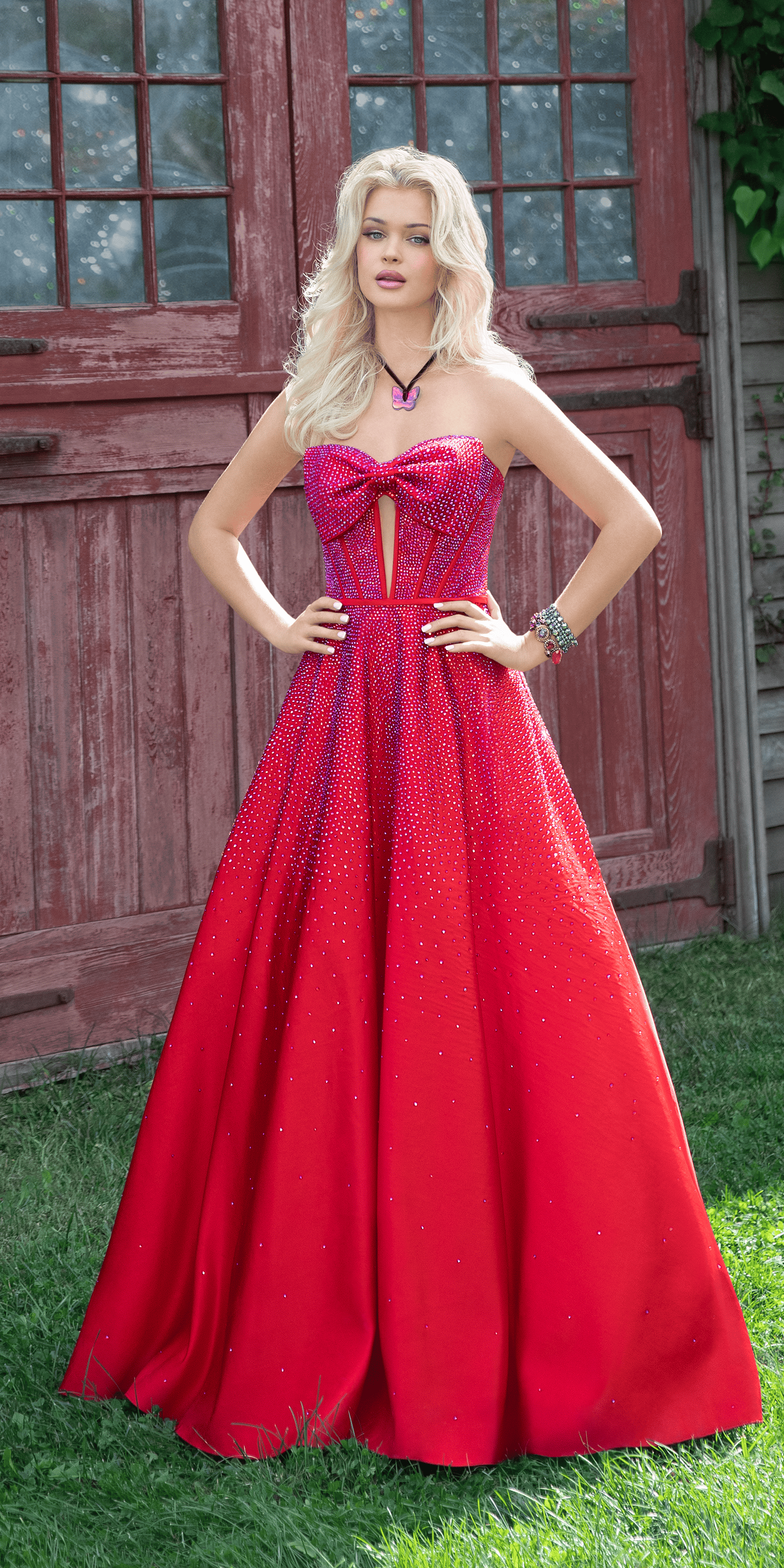 Bow Front Satin Strapless Corset Ballgown with Heat Set Stones