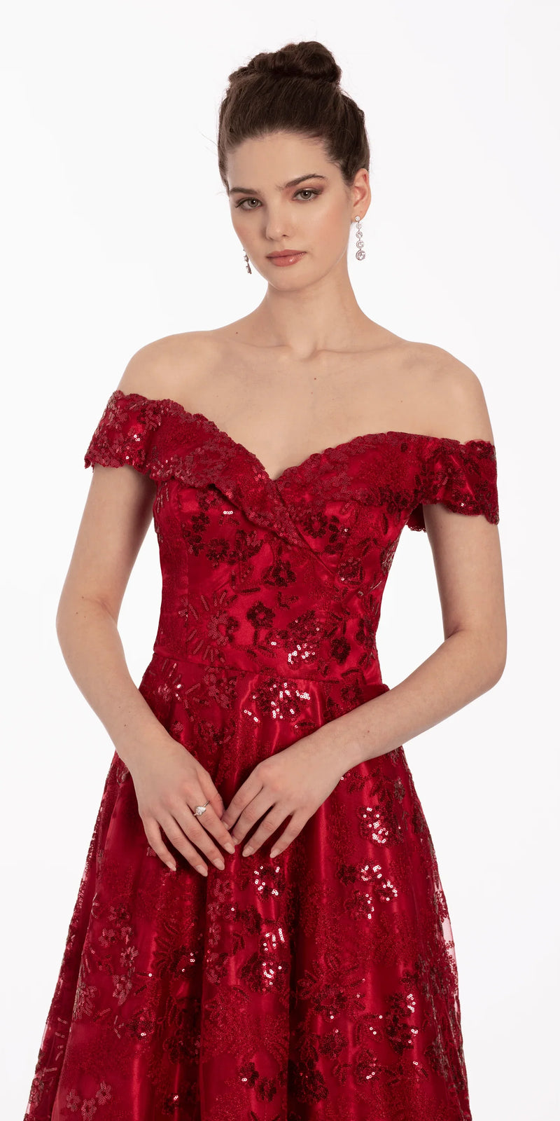 Off the Shoulder Floral Embroidered A Line Dress - Camille La Vie