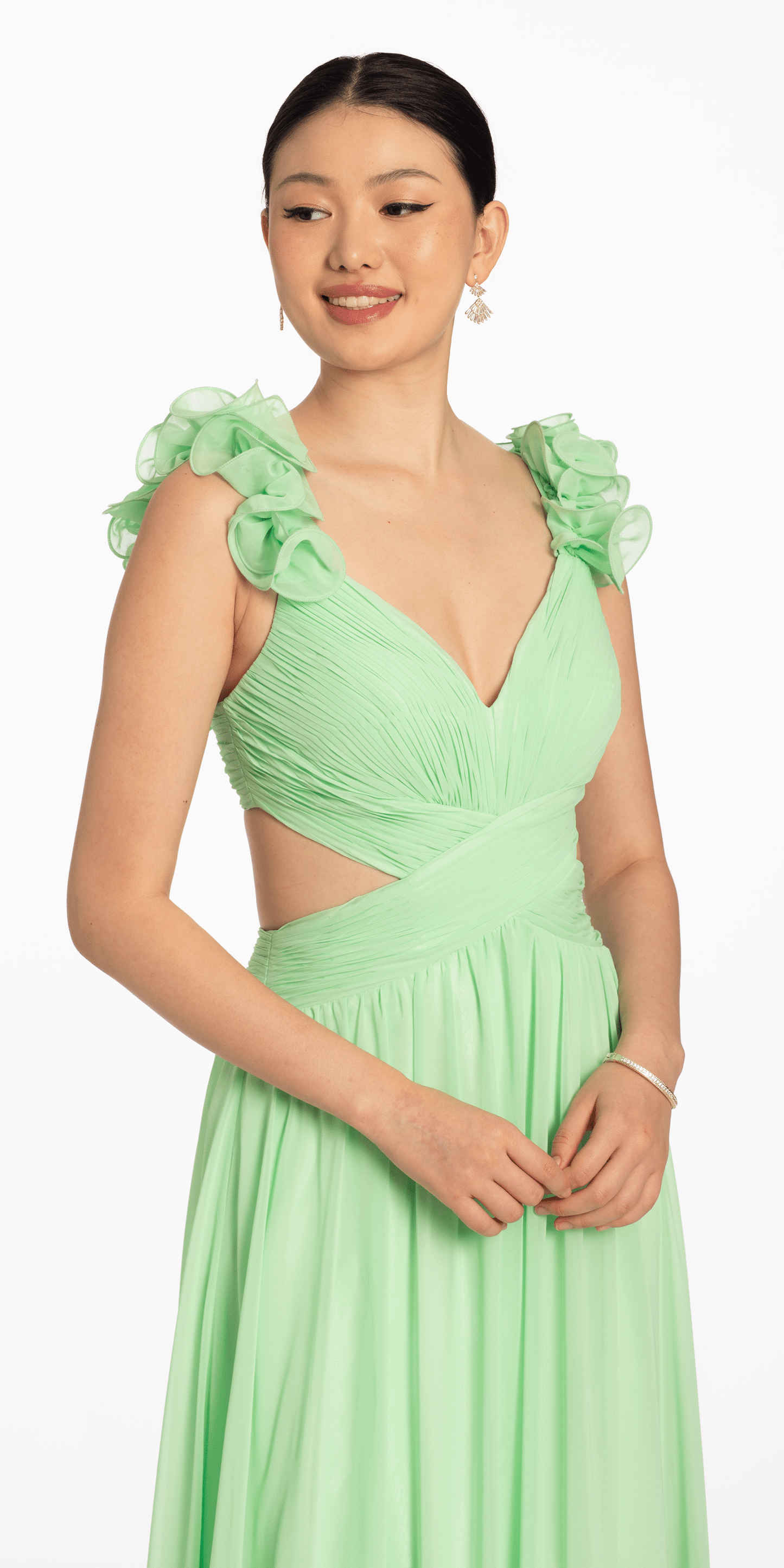 Camille La Vie Ruched Chiffon Front Dress with Shoulder Ruffles