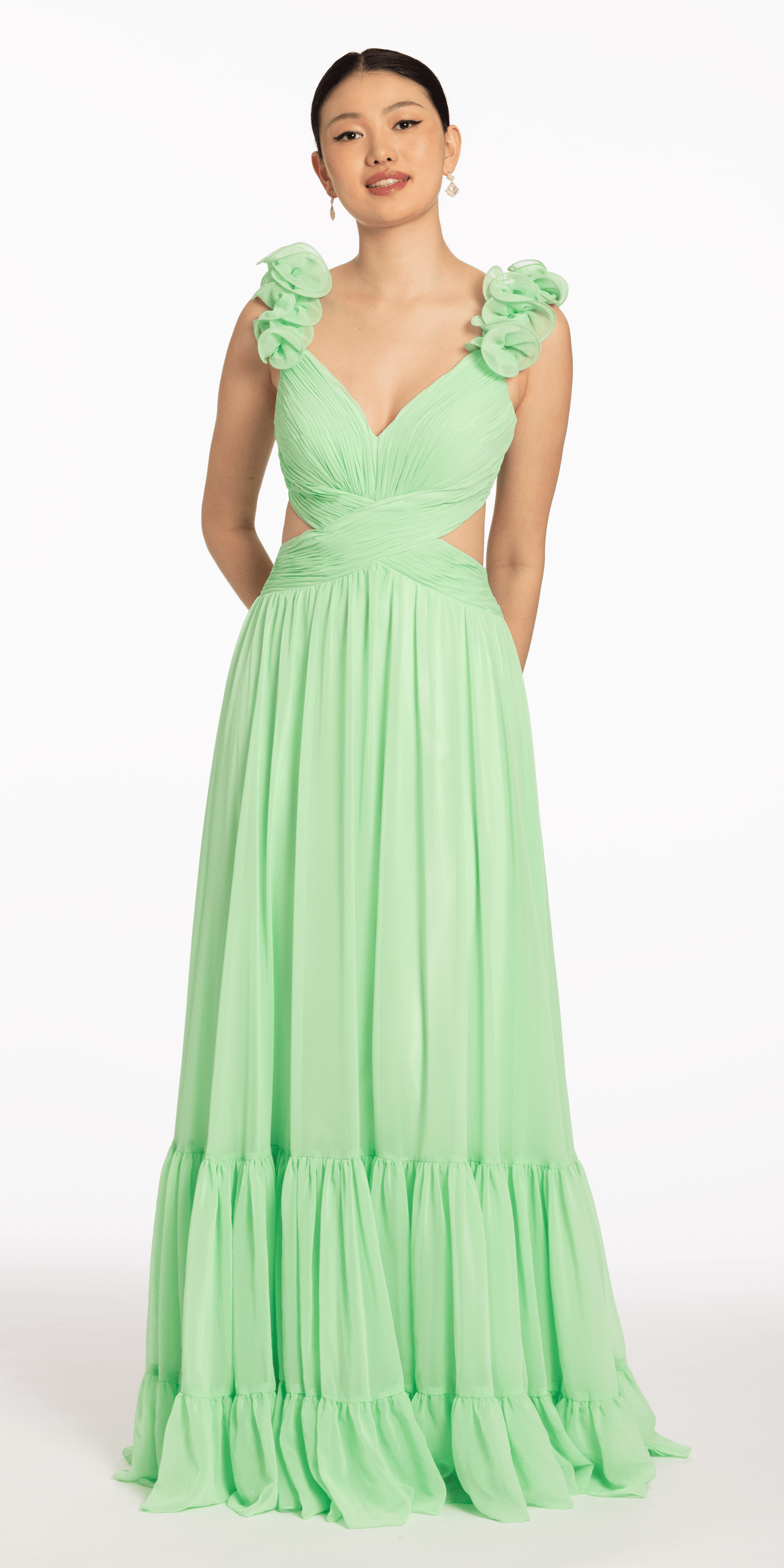 Camille La Vie Ruched Chiffon Front Dress with Shoulder Ruffles missy / 00 / lime