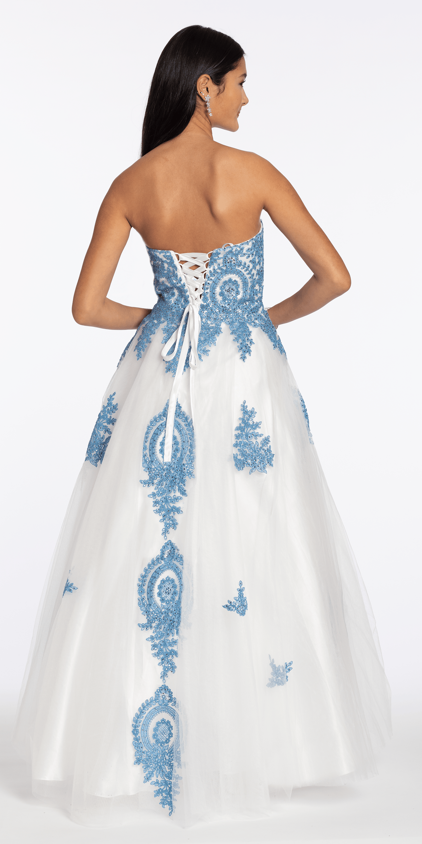 ivory-blue/ size/4/missy/Camille La Vie/Strapless Beaded Embroidered Tulle Ballgown/back