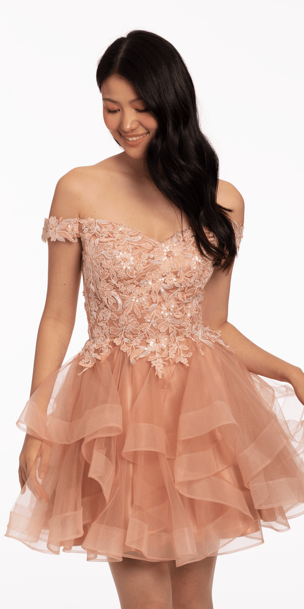 Floral Embroidered Off the Shoulder Tiered Tulle Fit and Flare Dress Image 3