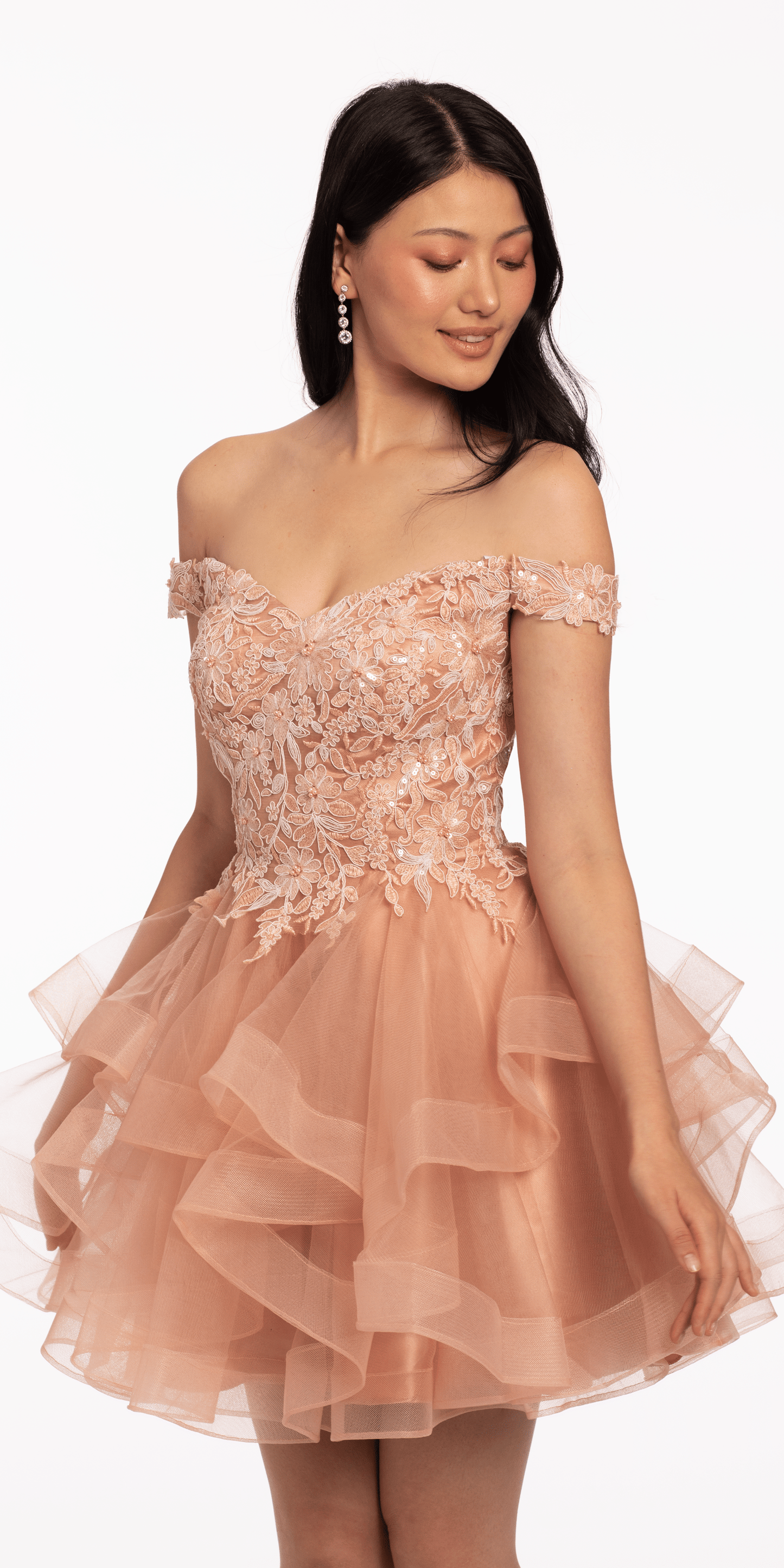 Camille La Vie Floral Embroidered Off the Shoulder Tiered Tulle Fit and Flare Dress