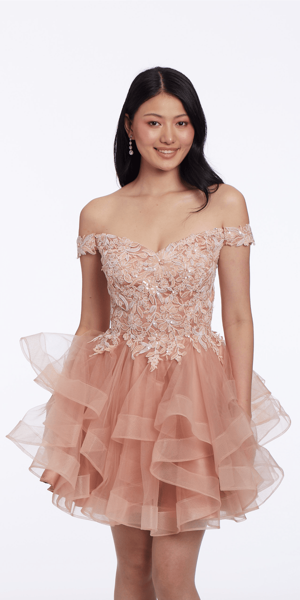 Floral Embroidered Off the Shoulder Tiered Tulle Fit and Flare Dress Image 1