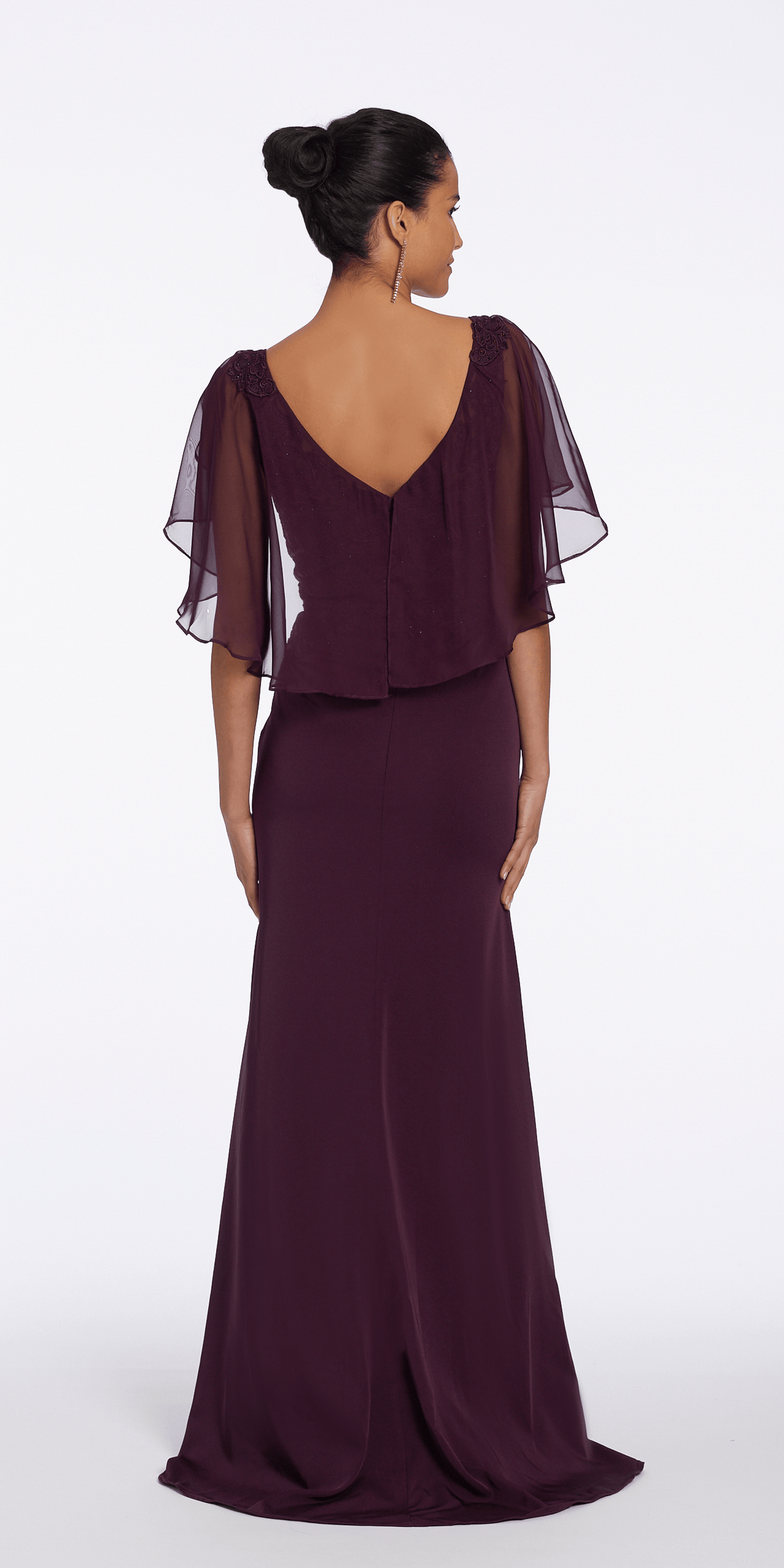 plum/ Size 6/ missy/ Camille La Vie V Neck Crepe and Chiffon Capelet Dress/back