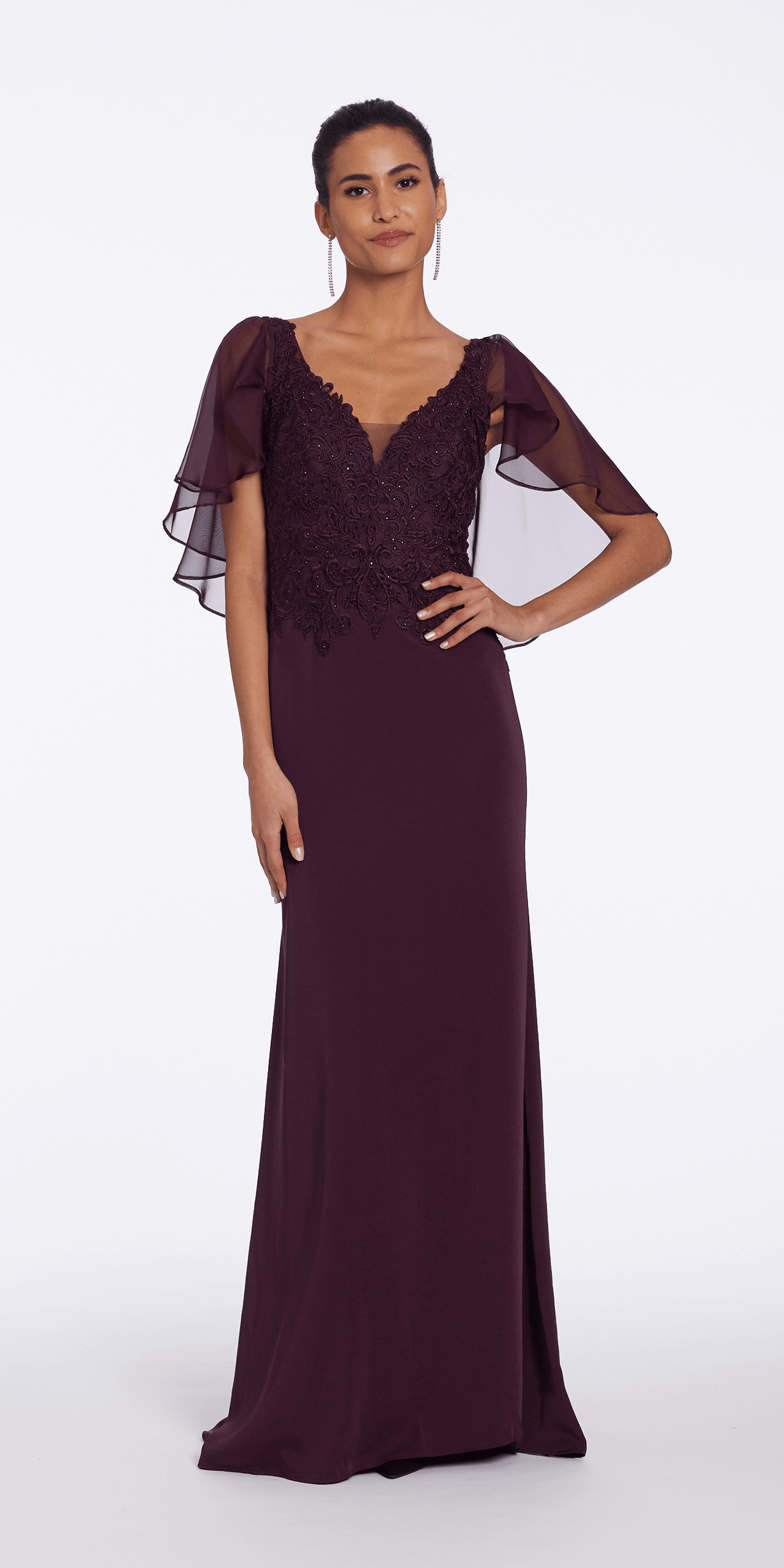 Plum/Size 14/Missy/Camille La Vie V Neck Crepe and Chiffon Capelet Dress/front