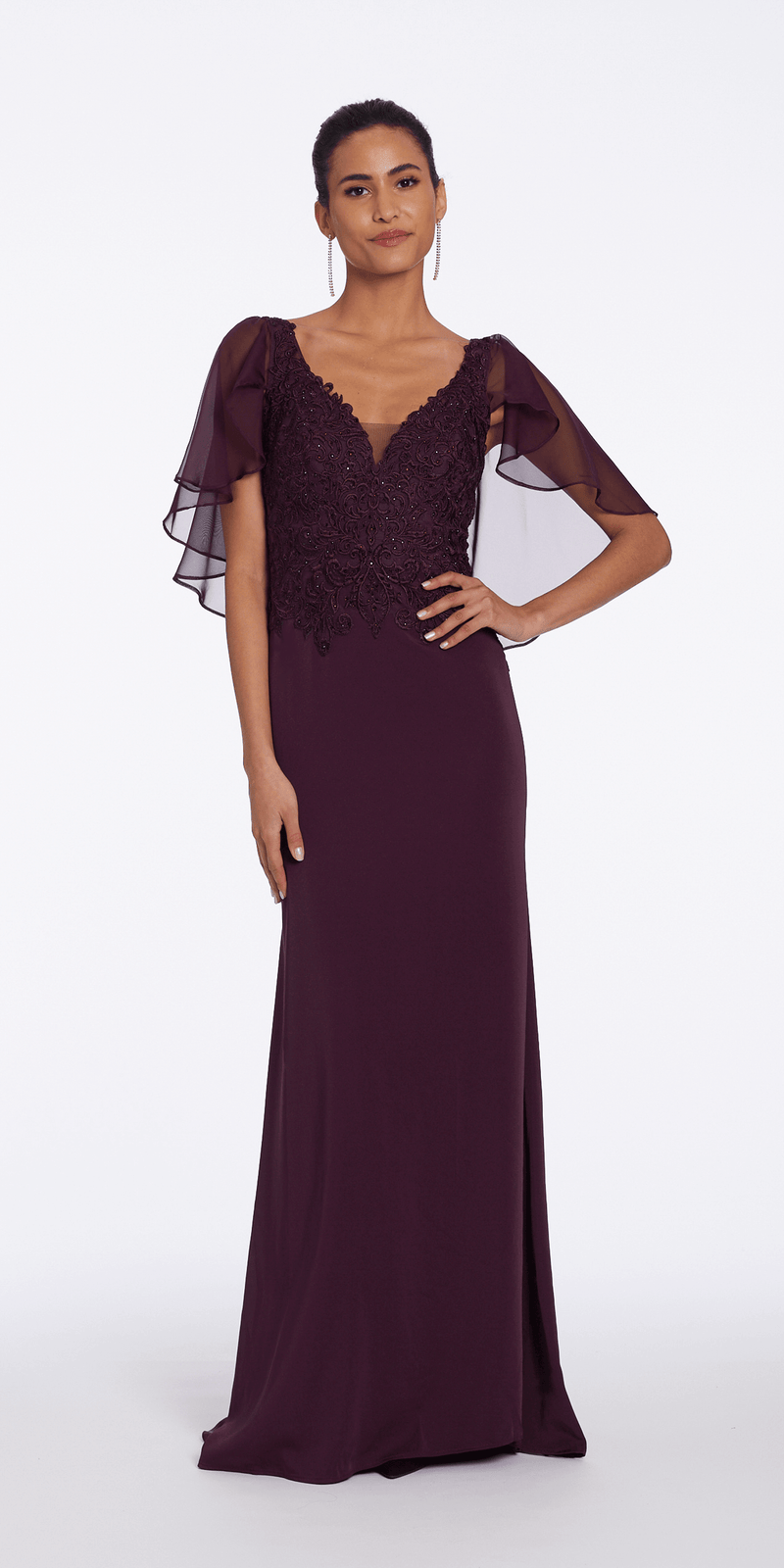 V Neck Crepe and Chiffon Capelet Dress Image 1