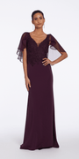 V Neck Crepe and Chiffon Capelet Dress Image 1