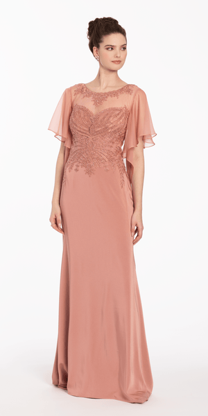 Crepe Boat Neck Sheer Flutter Sleeve Column Dress Image 2