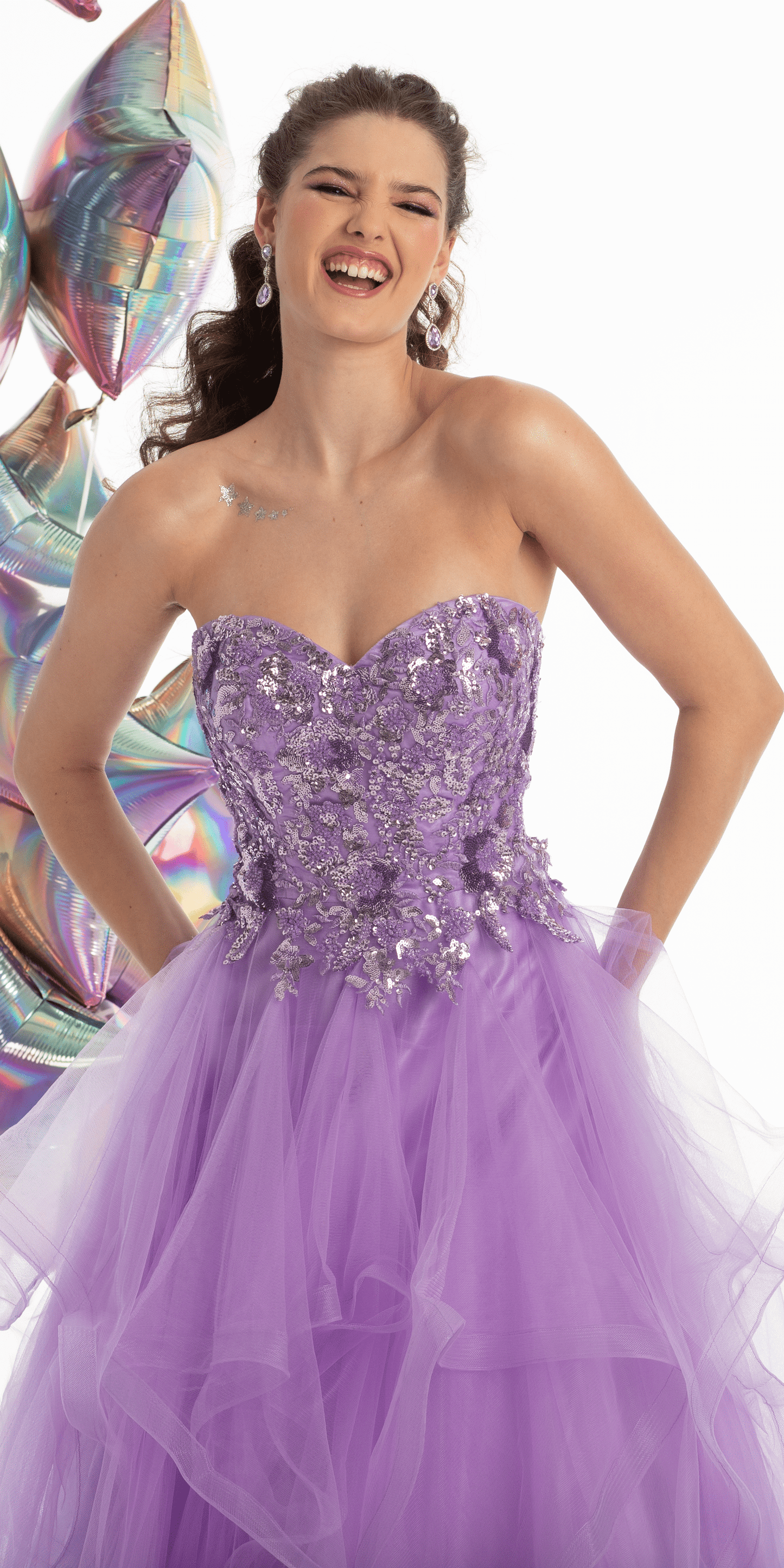 Camille La Vie Tulle Sweetheart Floral Sequin Tiered Ballgown