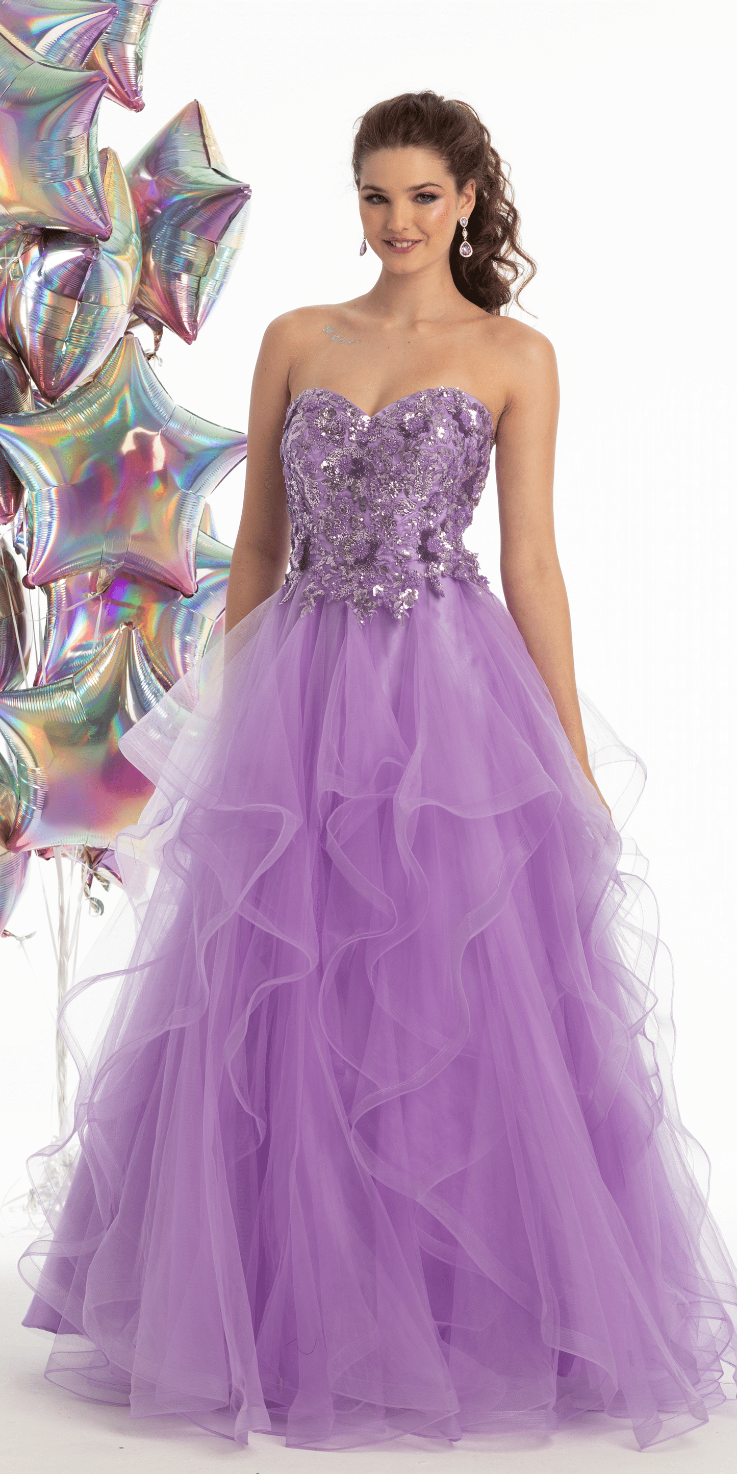 Camille La Vie Tulle Sweetheart Floral Sequin Tiered Ballgown missy / 00 / lilac