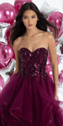 plum/size/4/Camille La Vie/Tulle Sweetheart Floral Sequin Tiered Ballgown/close up