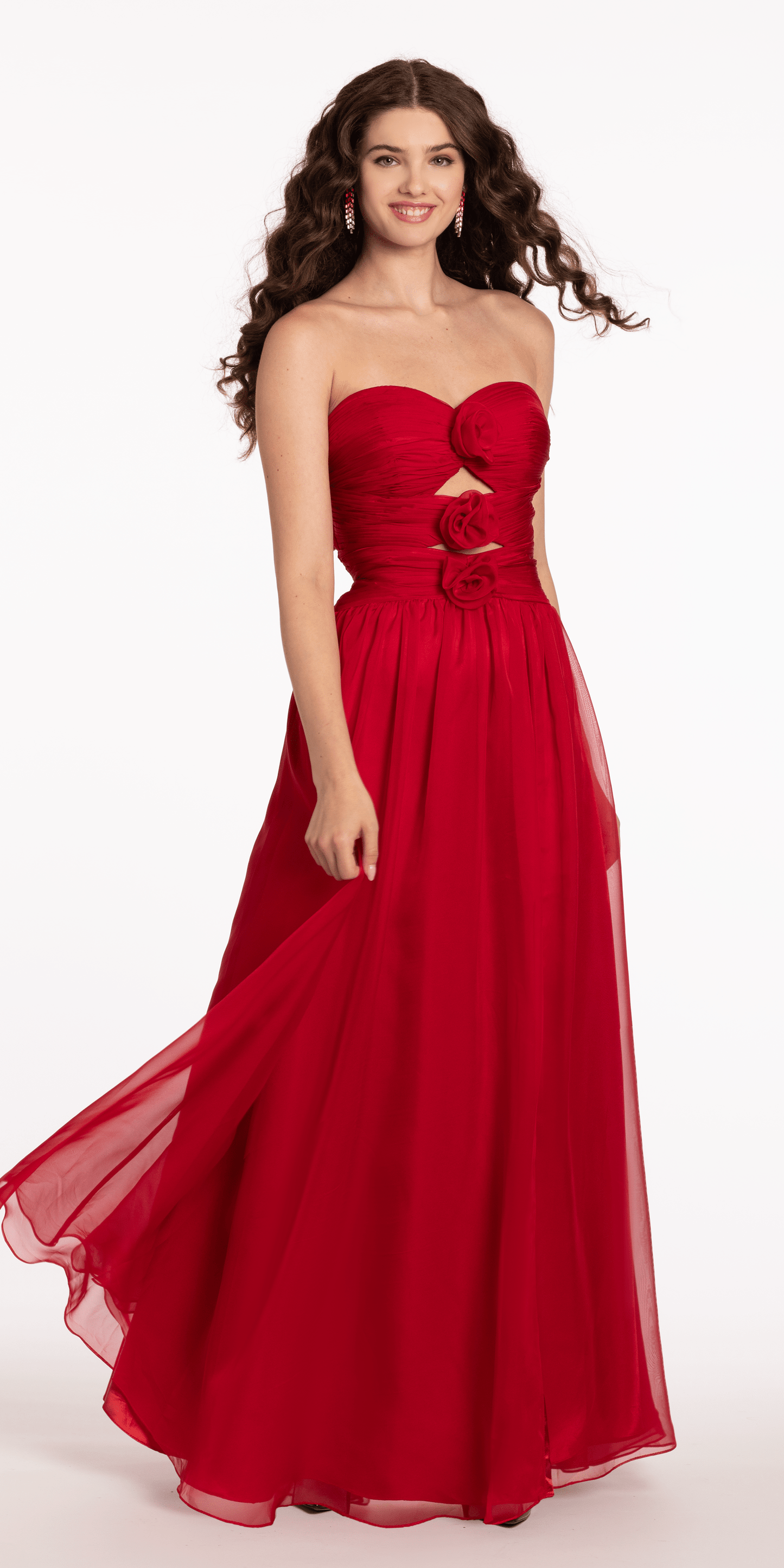 Camille La Vie Ruched Chiffon Sweetheart Peek-a-Boo A Line Dress with Rose Detail missy / 0 / red