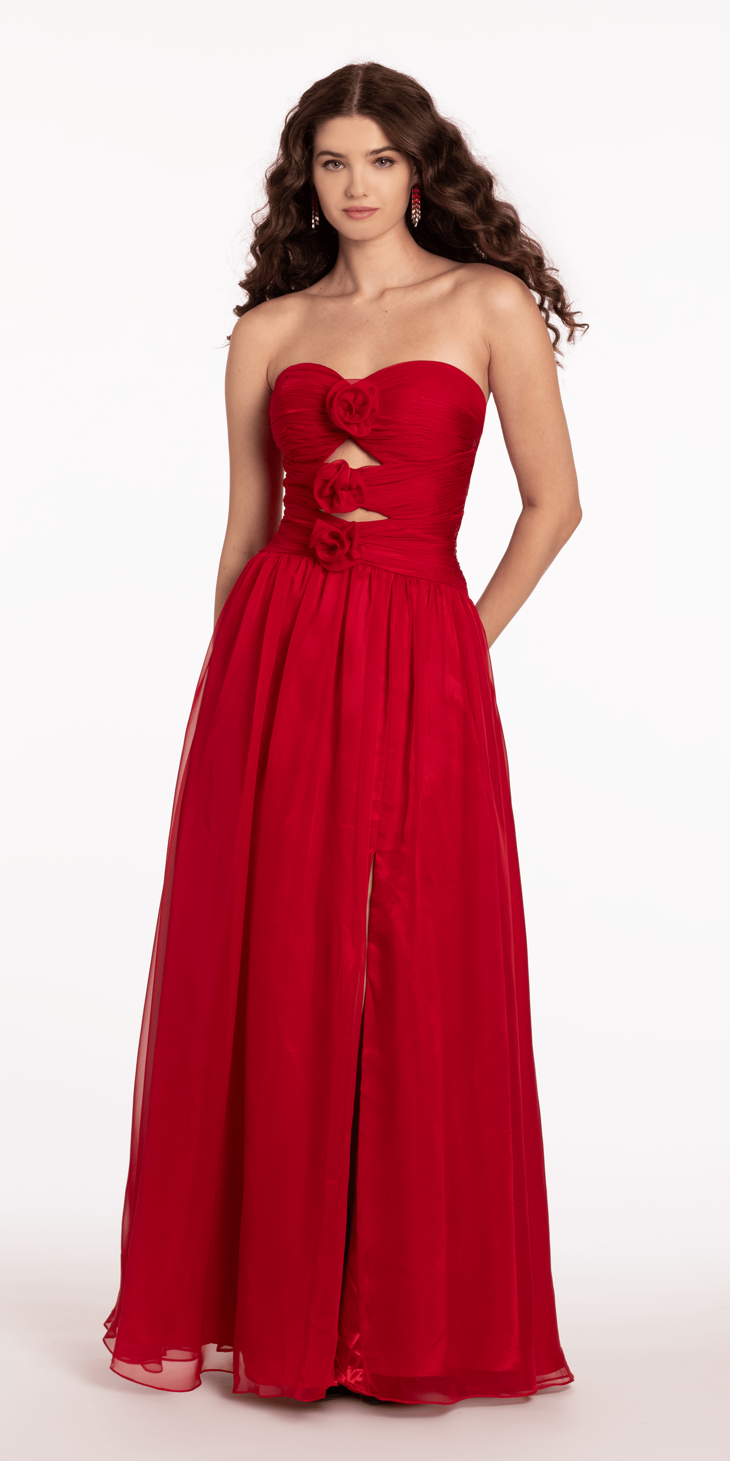 Camille La Vie Ruched Chiffon Sweetheart Peek-a-Boo A Line Dress with Rose Detail