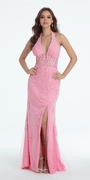 Embroidered Plunging Corset Mesh Halter Dress Image 2