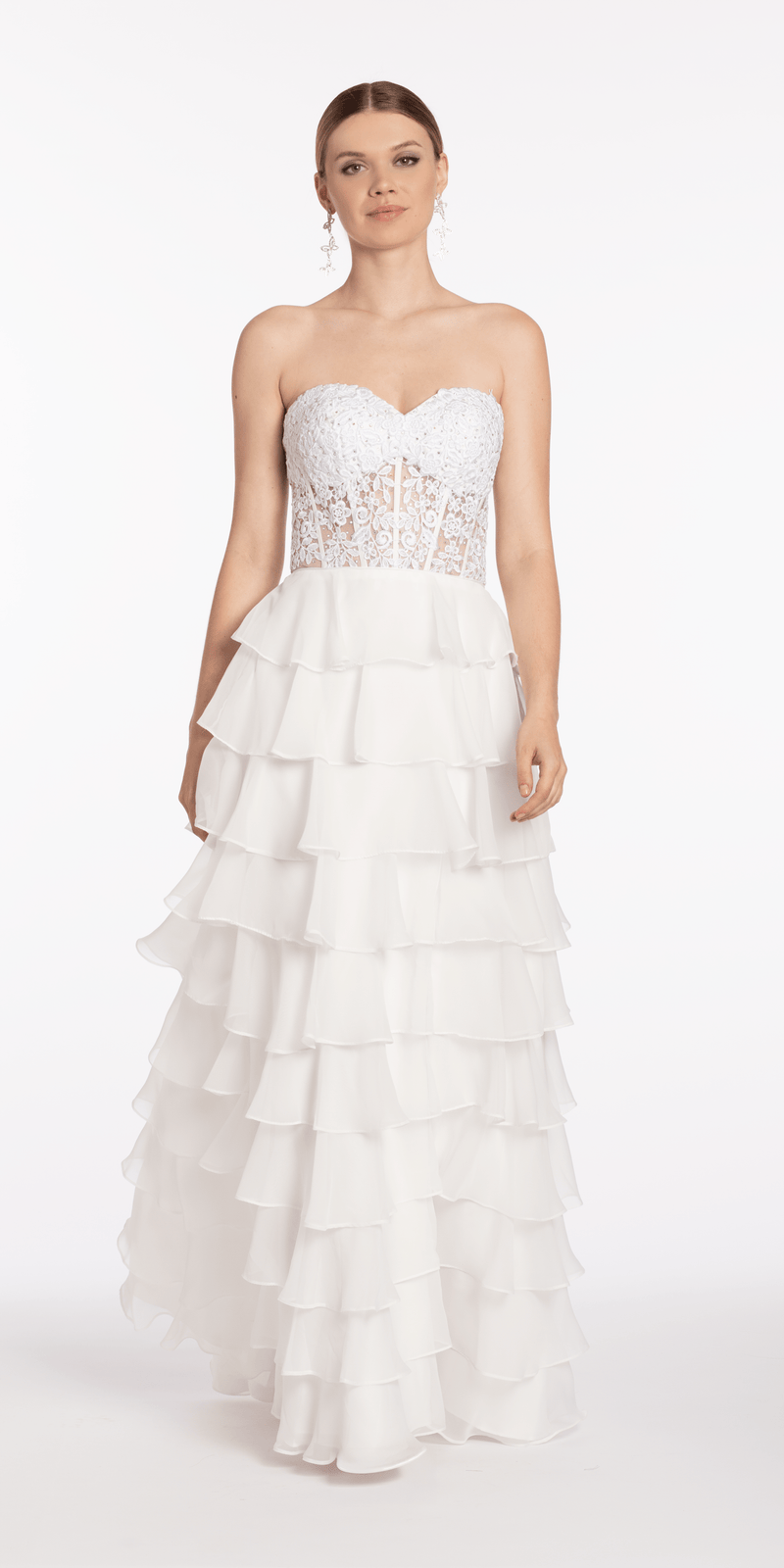 Embroidered Strapless Chiffon Tiered Corset Ballgown petite / 6 / ivory Embroidered Strapless Chiffon Tiered Corset Ballgown petite / 6 / ivory