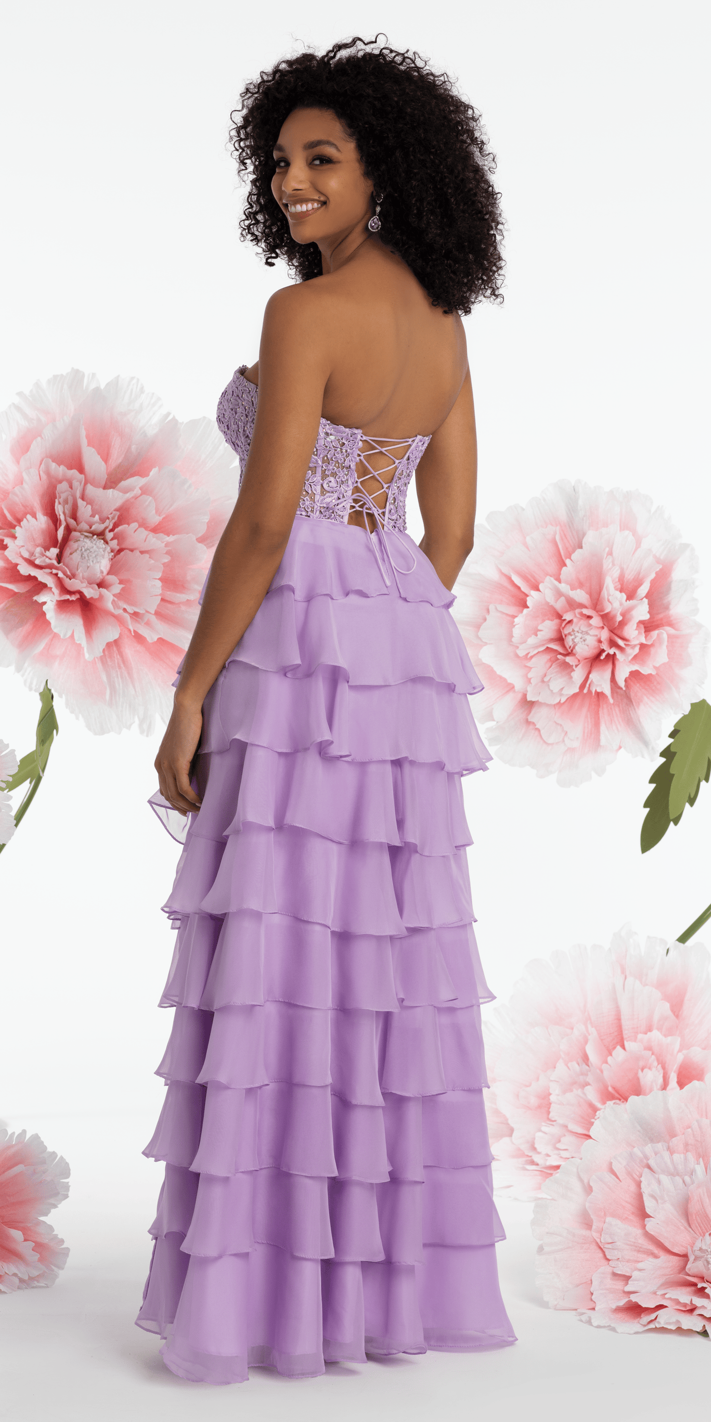 Camille La Vie Embroidered Strapless Chiffon Tiered Corset Ballgown