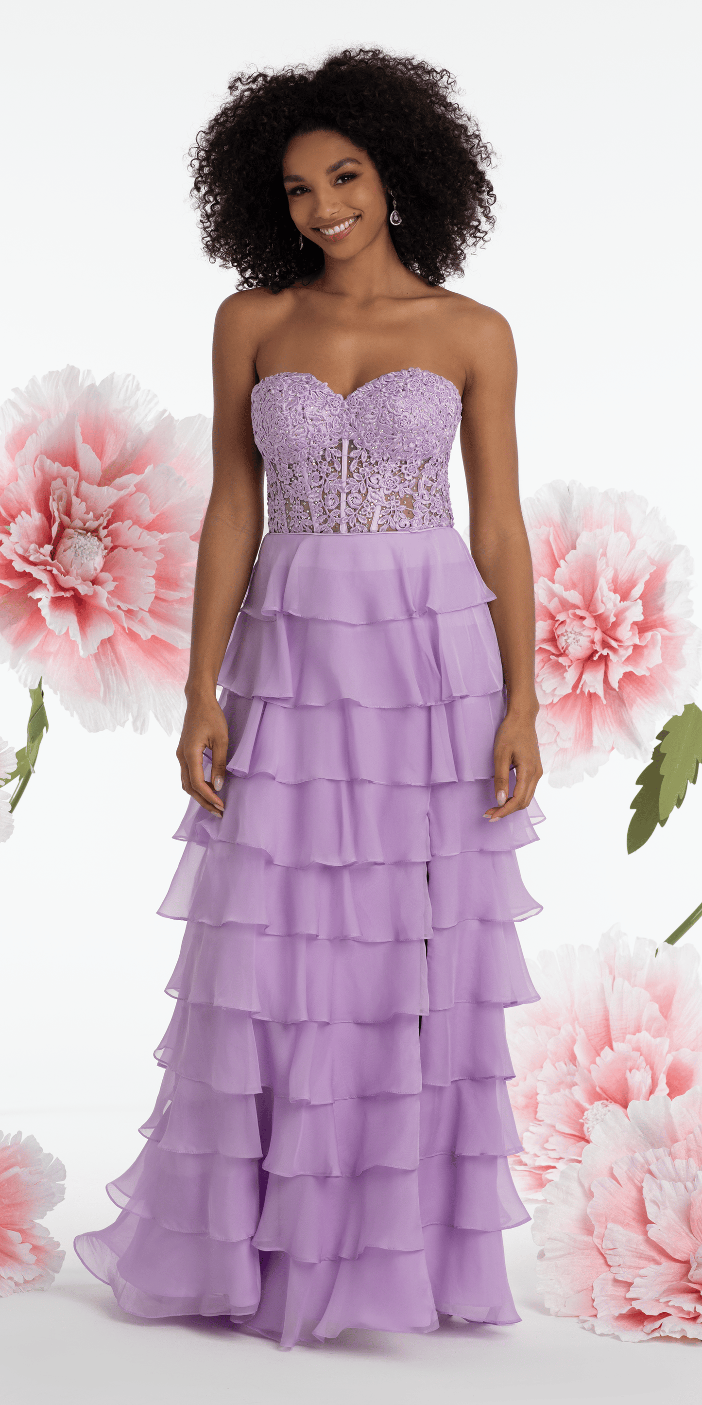 Camille La Vie Embroidered Strapless Chiffon Tiered Corset Ballgown missy / 00 / lilac