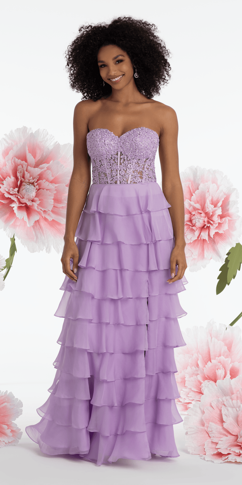 Embroidered Strapless Chiffon Tiered Corset Ballgown Camille La Vie Embroidered Strapless Chiffon Tiered Corset Ballgown Camille La Vie