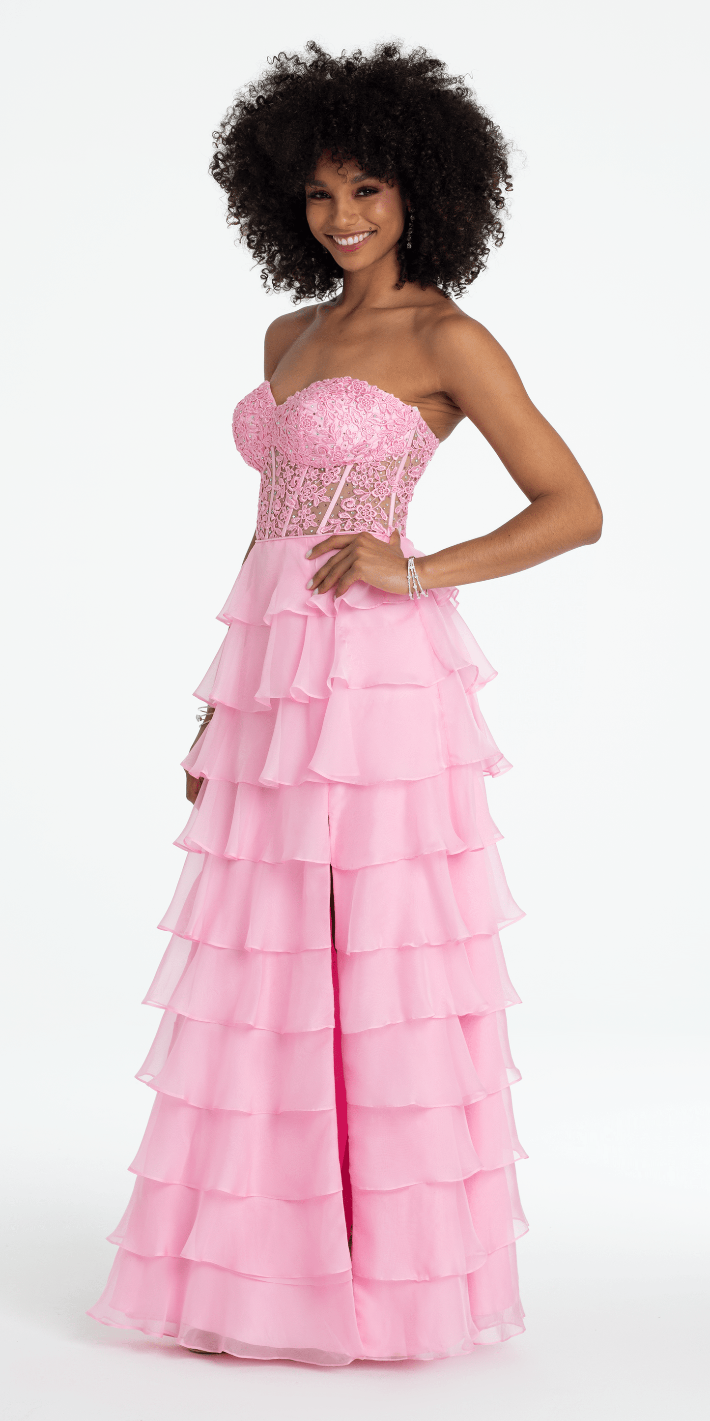 Camille La Vie Embroidered Strapless Chiffon Tiered Corset Ballgown