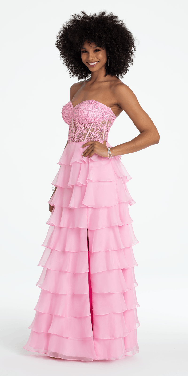 Embroidered Strapless Chiffon Tiered Corset Ballgown Image 3
