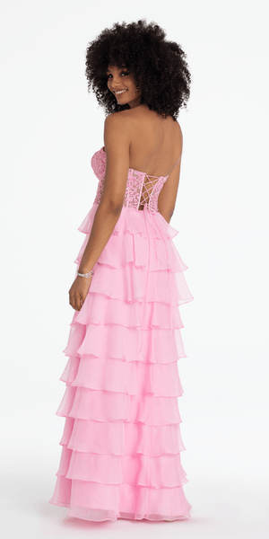 Embroidered Strapless Chiffon Tiered Corset Ballgown Image 9