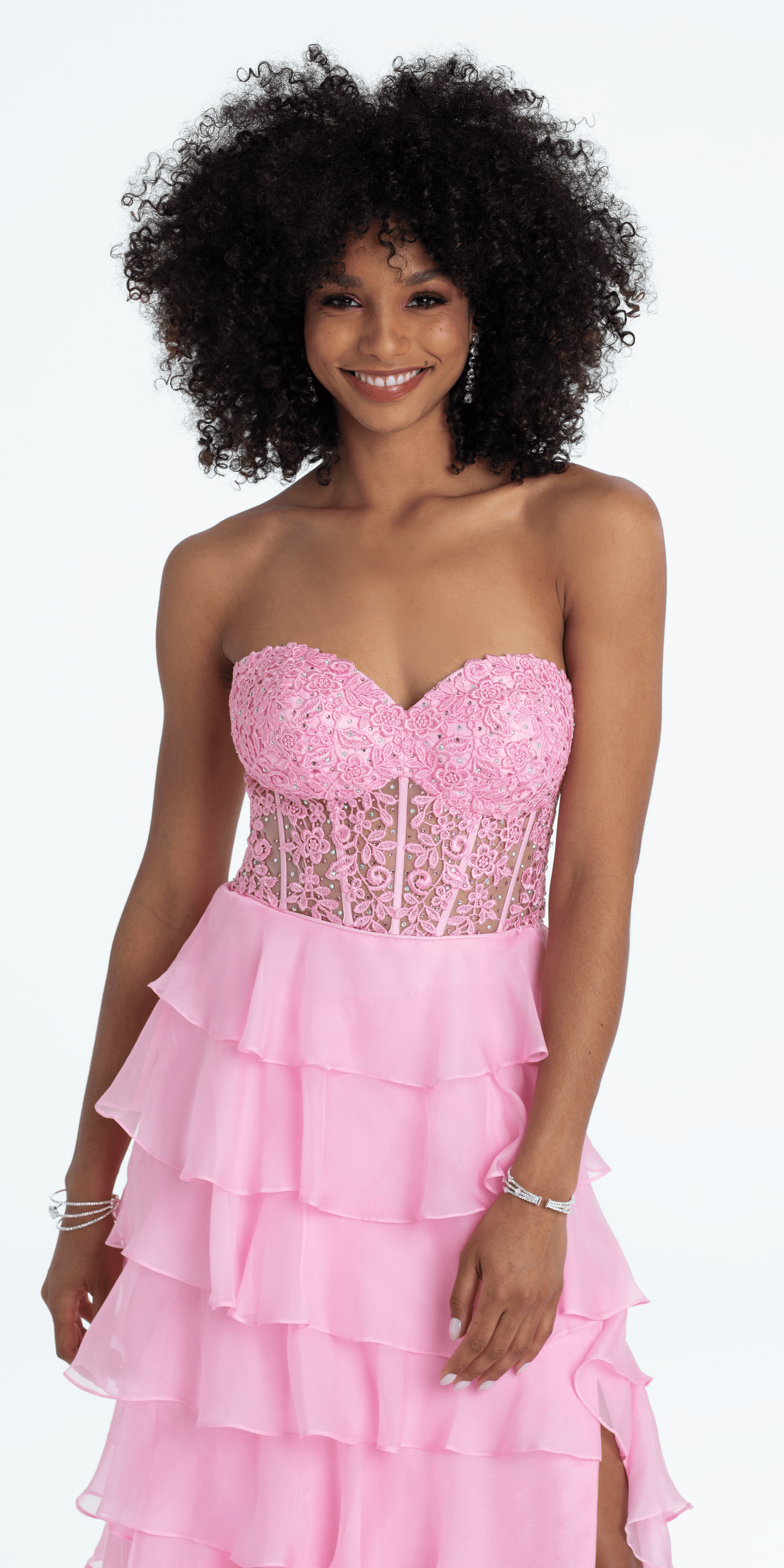 Camille La Vie Embroidered Strapless Chiffon Tiered Corset Ballgown