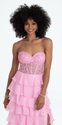 Embroidered Strapless Chiffon Tiered Corset Ballgown Image 2