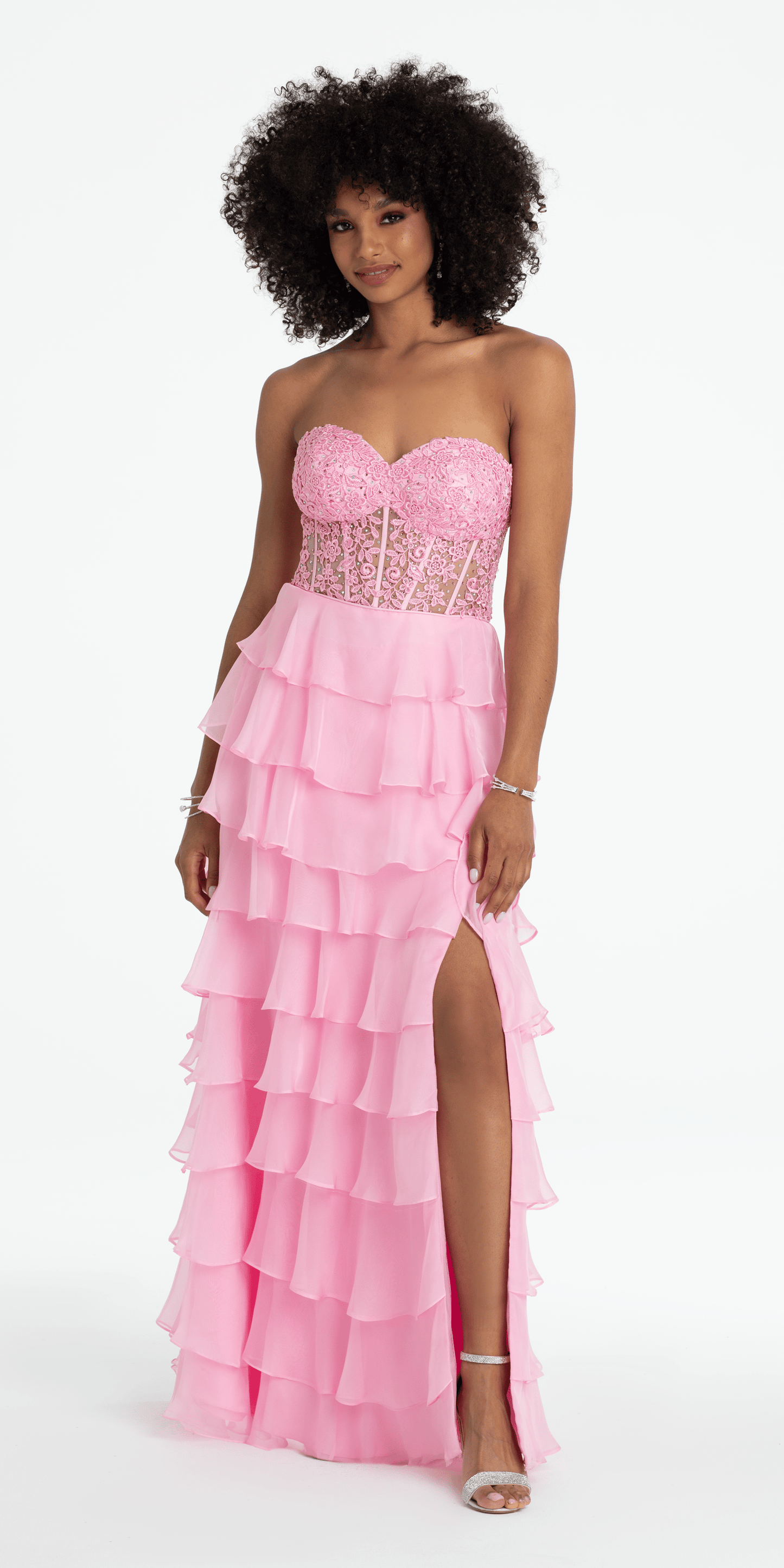corset chiffon dress Embroidered Strapless Chiffon Tiered Corset Ballgown missy / 00 / pink