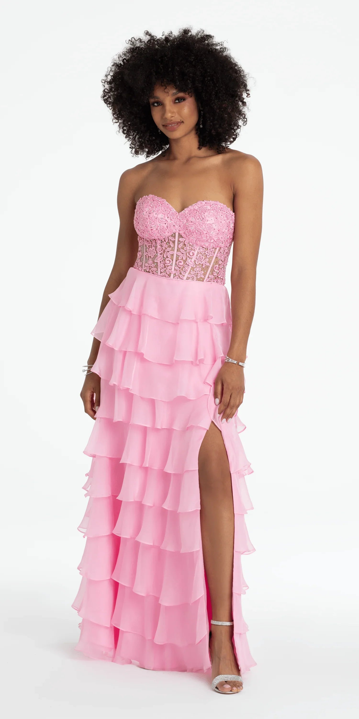 Embroidered Strapless Chiffon Tiered Corset Ballgown