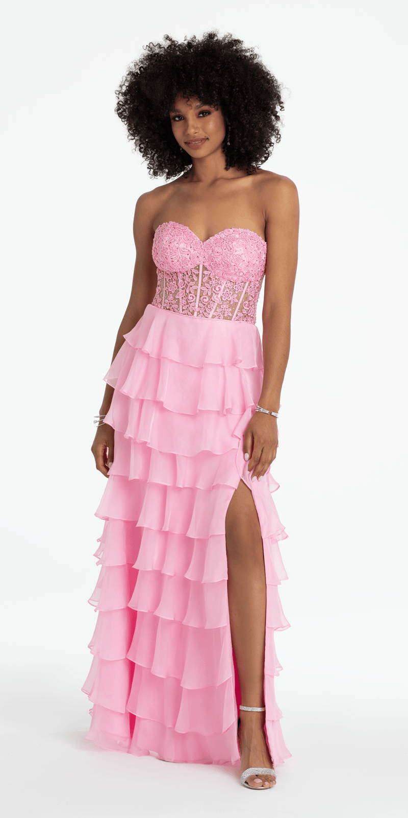 Embroidered Strapless Chiffon Tiered Corset Ballgown missy / 00 / pink