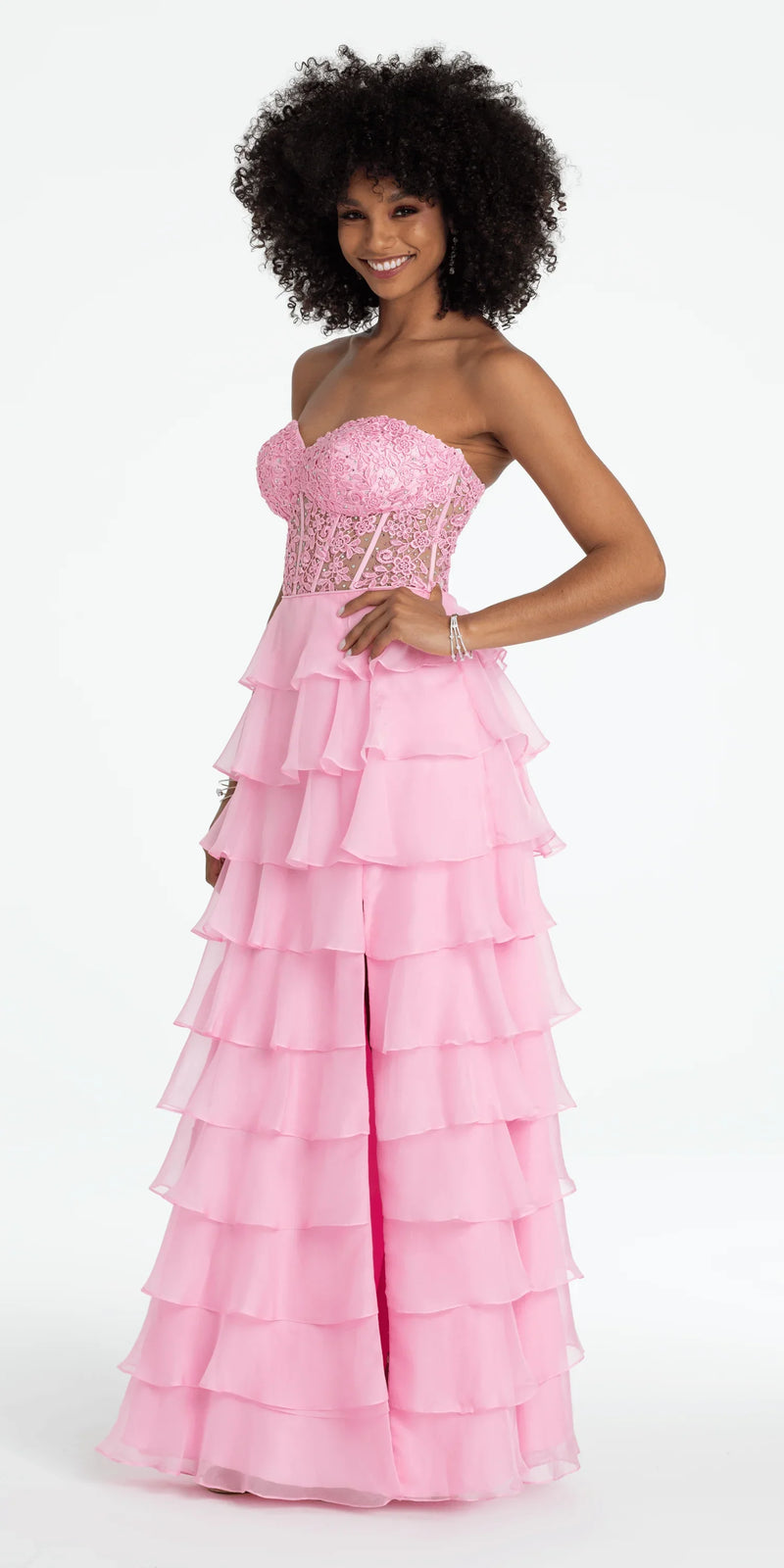 Embroidered Strapless Chiffon Tiered Corset Ballgown – Camille La Vie Embroidered Strapless Chiffon Tiered Corset Ballgown – Camille La Vie