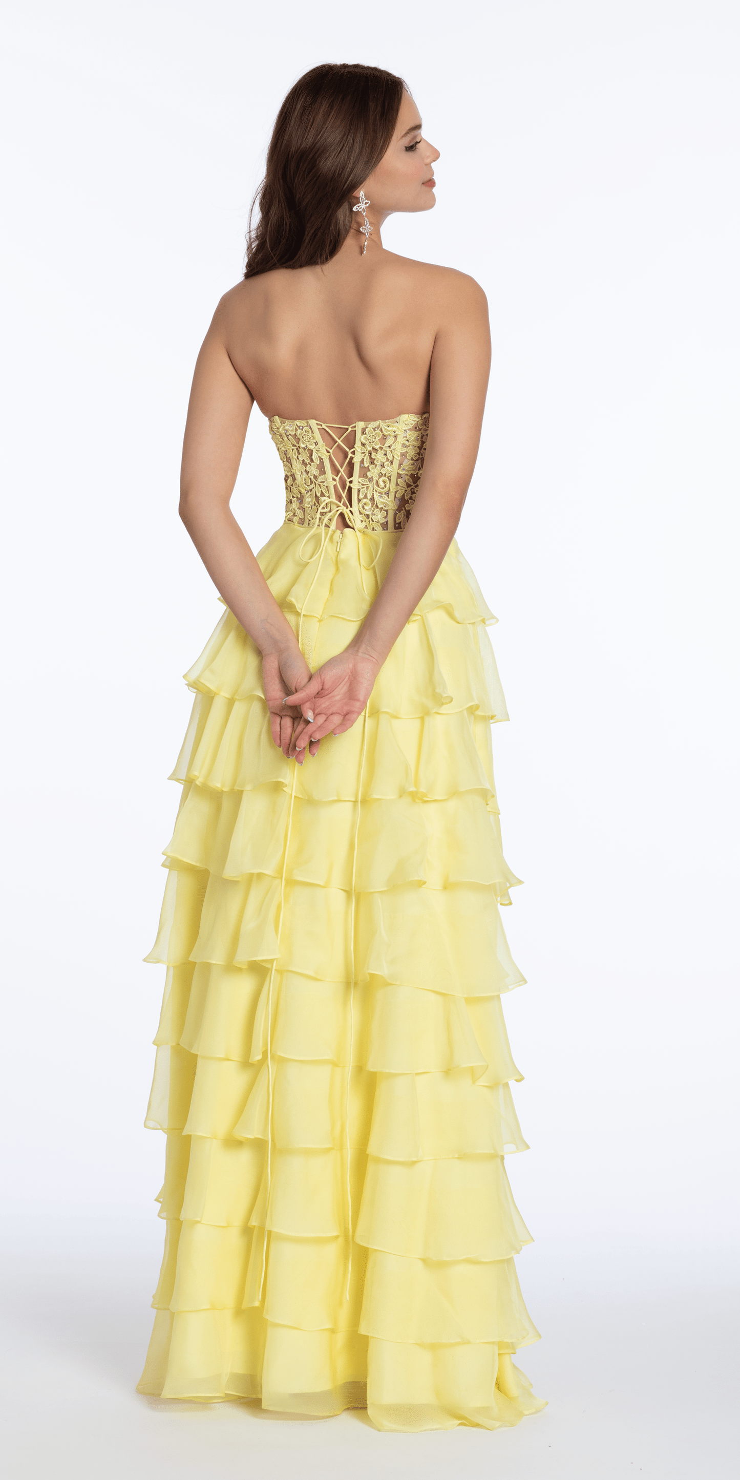 Camille La Vie Embroidered Strapless Chiffon Tiered Corset Ballgown