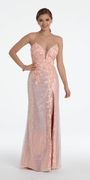 3 D Embroidered Pearl and Sequin Column Dress with Side Slit Image 1