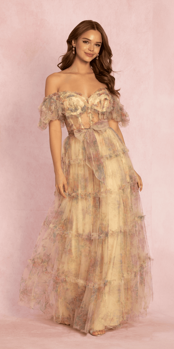 Mesh Puff Sleeve Off the Shoulder Floral Tiered A Line Dress Image 1