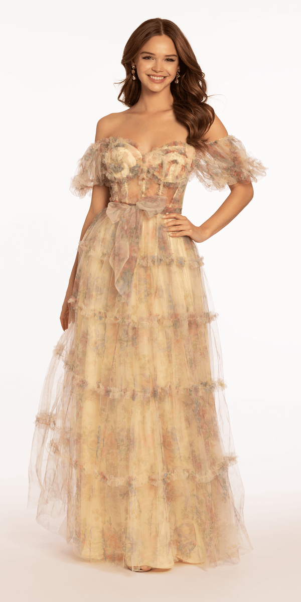 Mesh Puff Sleeve Off the Shoulder Floral Tiered A Line Dress Camille La Vie Mesh Puff Sleeve Off the Shoulder Floral Tiered A Line Dress Camille La Vie