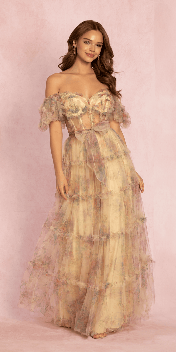 Mesh Puff Sleeve Off the Shoulder Floral Tiered A Line Dress - missy / 0 / yellow Mesh Puff Sleeve Off the Shoulder Floral Tiered A Line Dress - missy / 0 / yellow