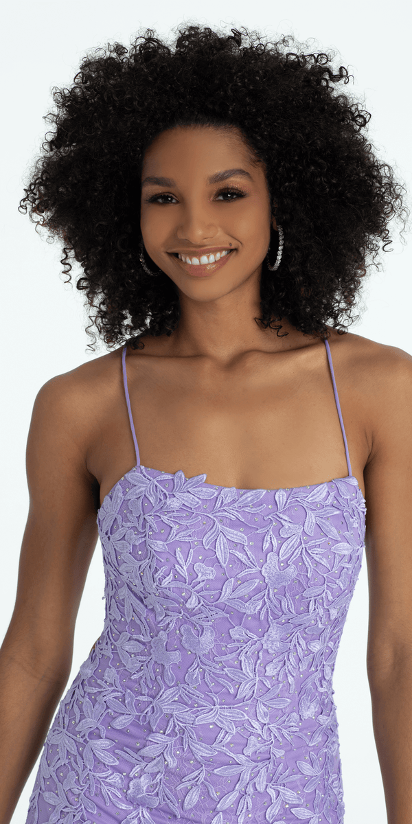 Strappy Back Embroidered Applique Mesh Dress with Godets Missy / 4 / Lilac Strappy Back Embroidered Applique Mesh Dress with Godets Missy / 4 / Lilac