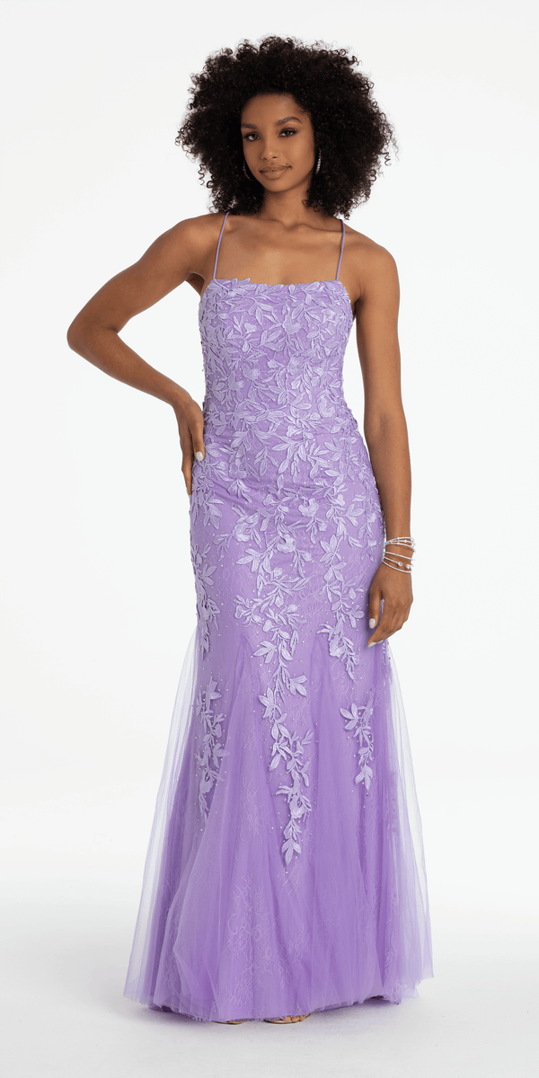 Strappy Back Embroidered Applique Mesh Dress with Godets Image 2