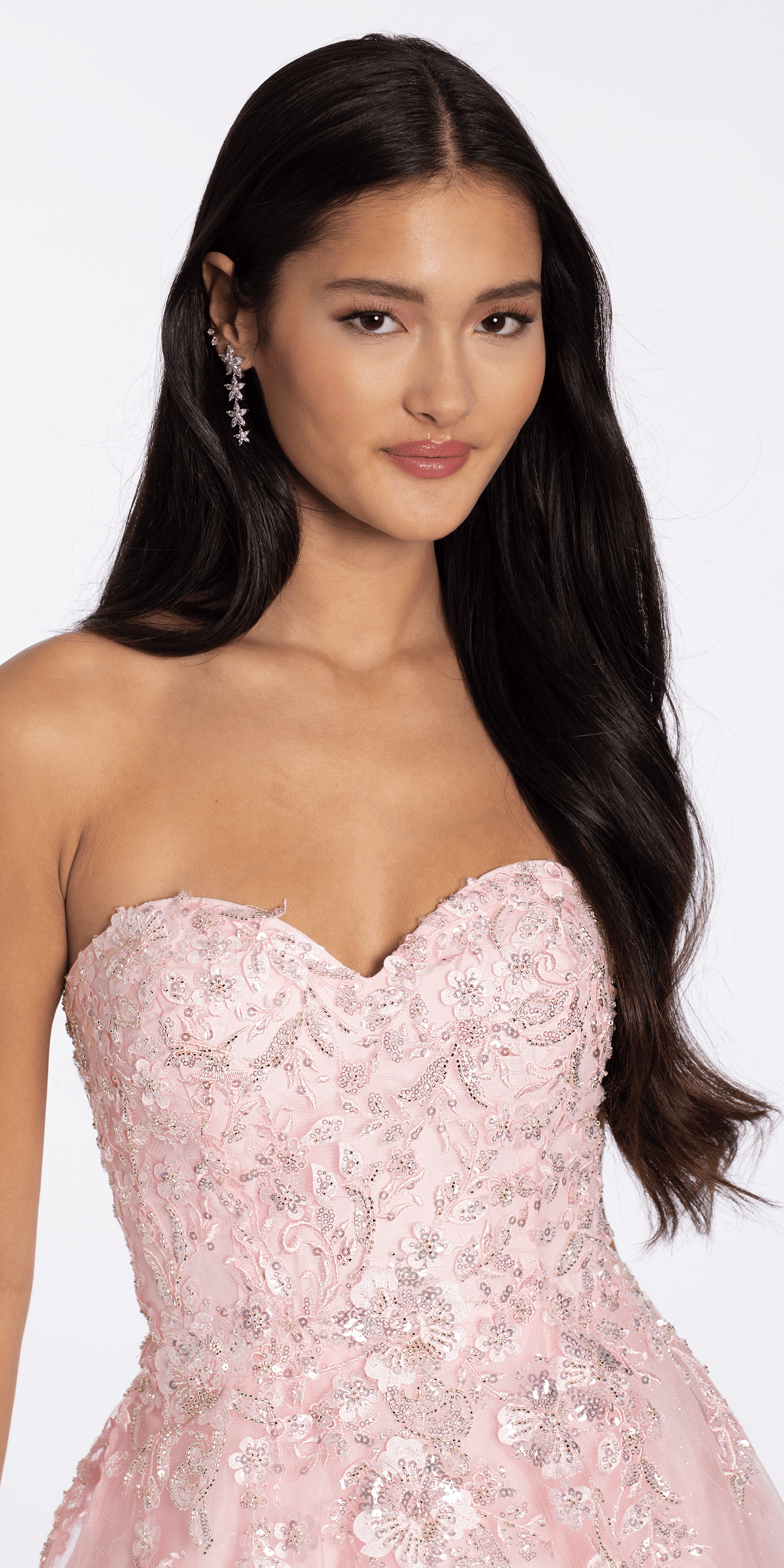 Strapless Glitter Tulle Ballgown with 3D Detail - Camille La Vie