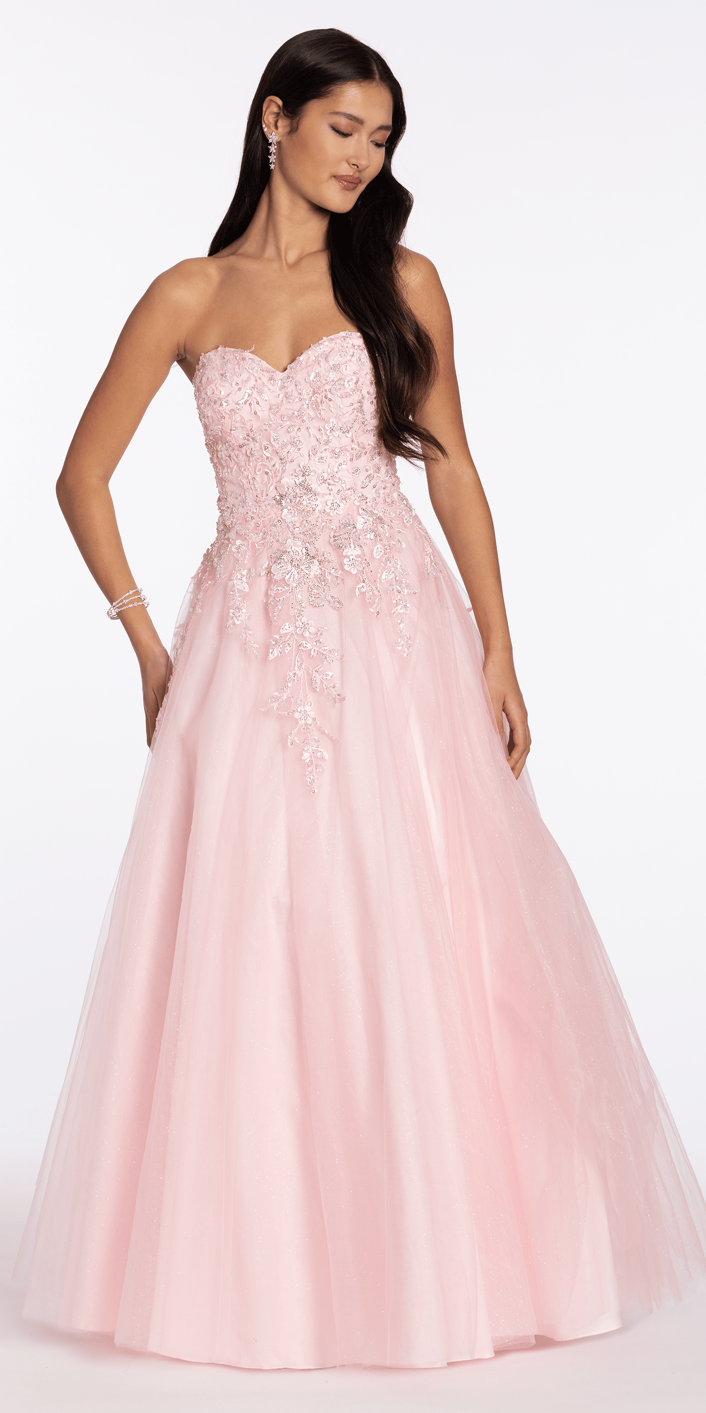 Strapless Glitter Tulle Ballgown with 3D Detail - Camille La Vie
