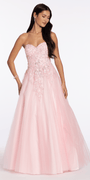 Strapless Glitter Tulle Ballgown with 3D Detail - Camille La Vie
