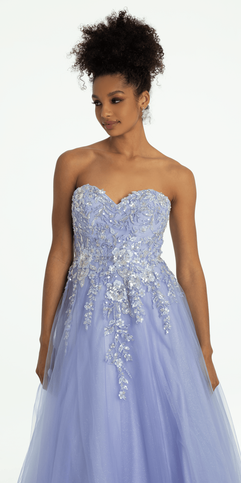 lilac/size/4/missy/Camille La Vie/Strapless Sweetheart Glitter Mesh Ballgown with 3D Appliques/close up