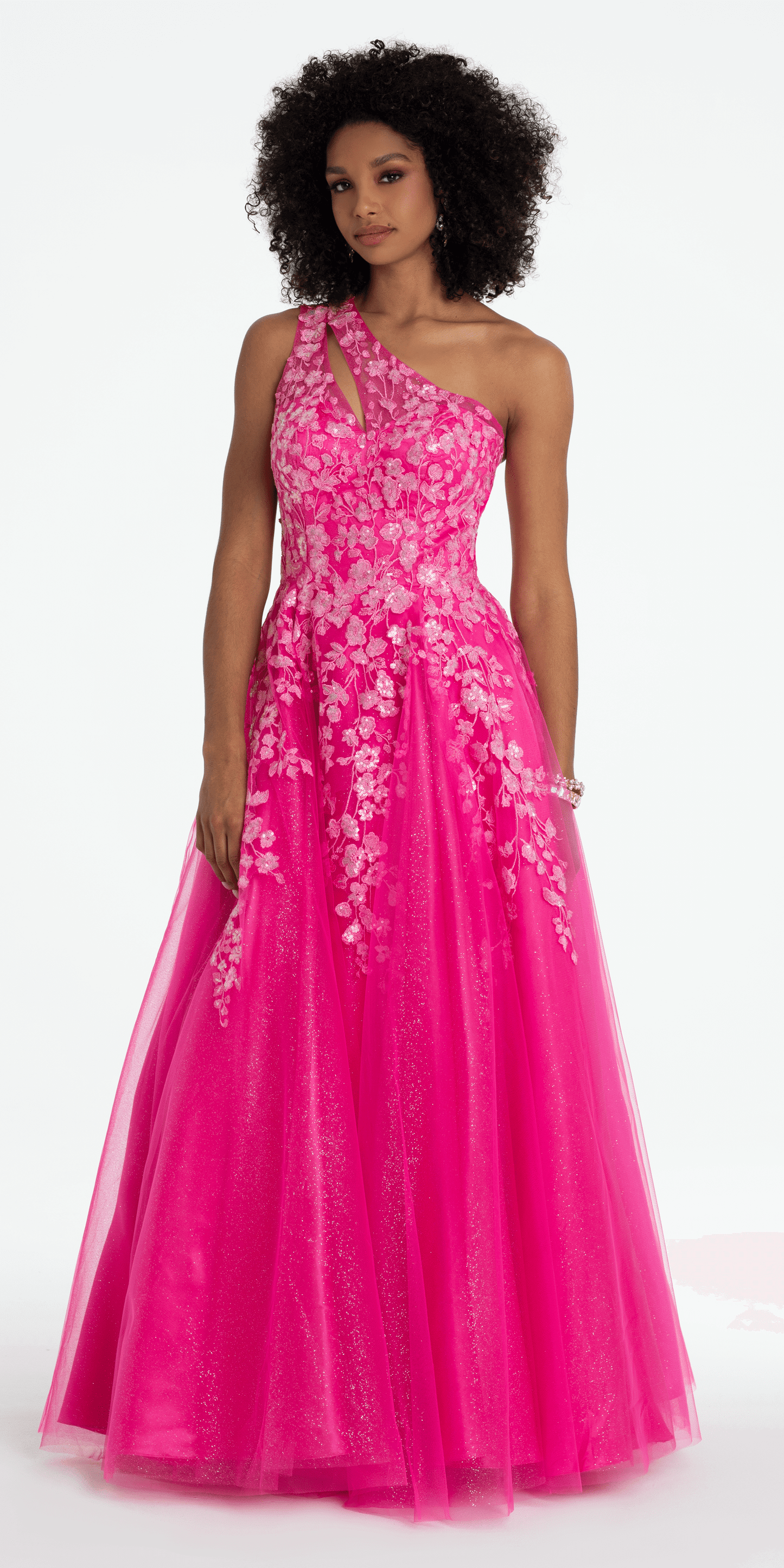 Camille La Vie/ One Shoulder Keyhole Embroidered Tulle Ballgown/ missy /size /2 /fuchsia/front alt 2