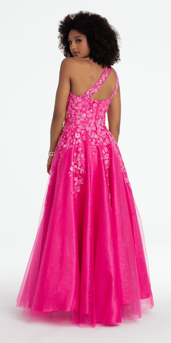 fuschia/size/4/missy/Camille La Vie/One Shoulder Keyhole Embroidered Tulle Ballgown/back