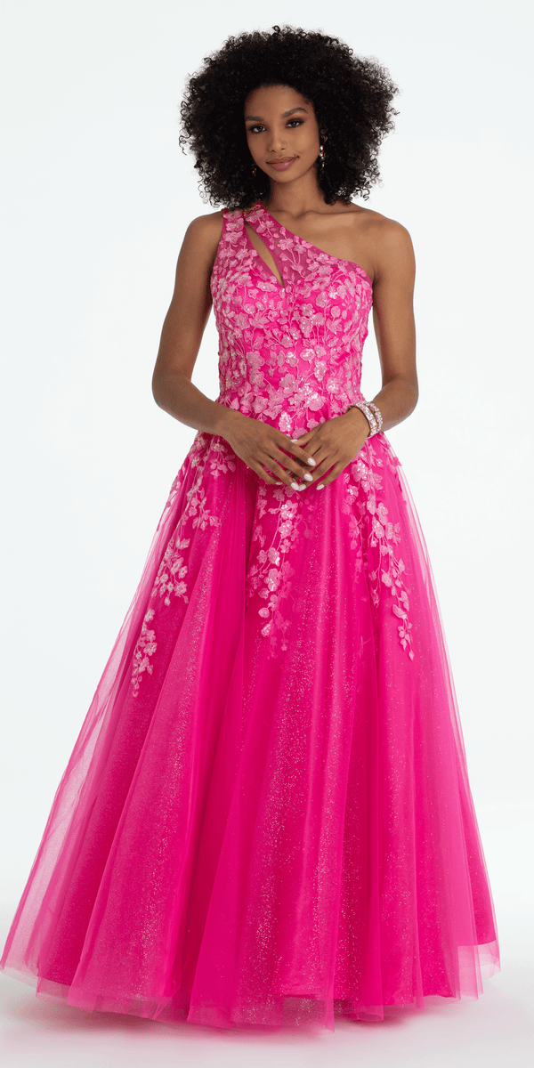 fuschia/size/4/missy/Camille La Vie/One Shoulder Keyhole Embroidered Tulle Ballgown/front alt