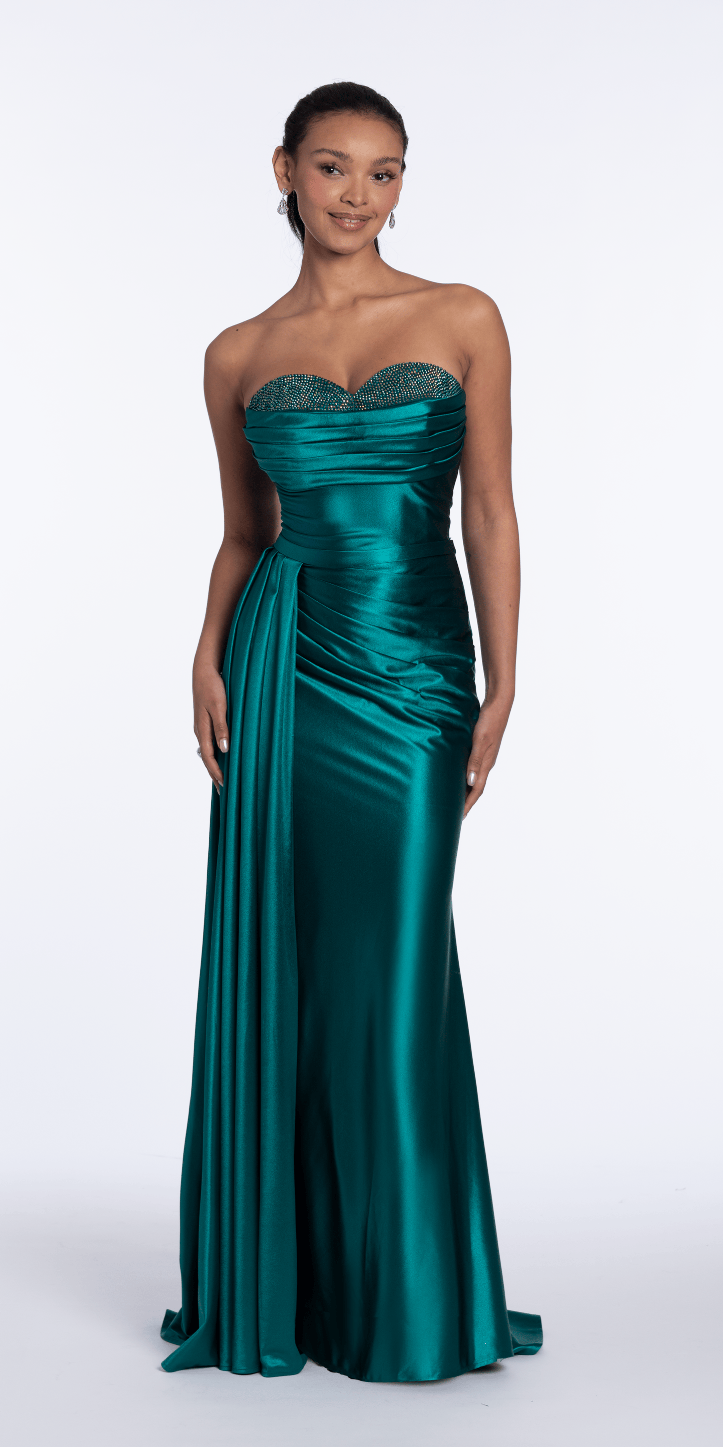 emerald/size/00/missy/Camille La Vie/Sweetheart Sparkle Stretch Satin Column Dress with Side Drape/front