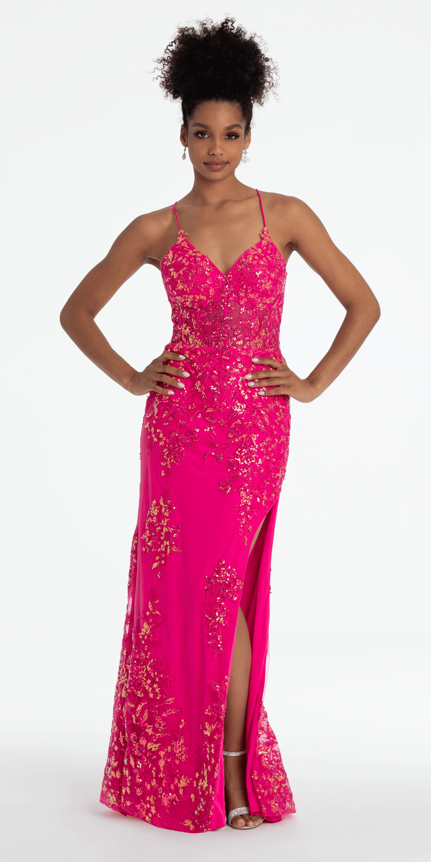 Camille La Vie /Embroidered Sequin Sweetheart Corset Column Dress with Side Slit /mis/size/ 0 /fuchsia/front